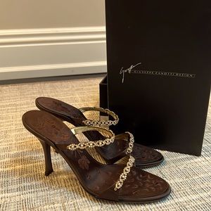 Giuseppe Zanotti sexy bejeweled espresso-color satin mules w. bronze metal heel